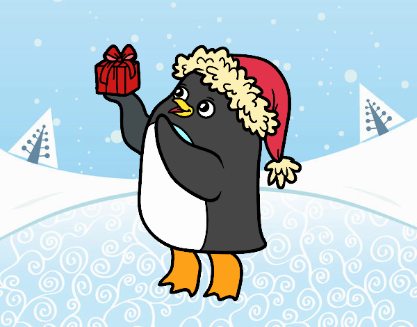 Pingüino con gorro y regalo de Navidad