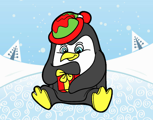 Un pingüino con regalo de Navidad