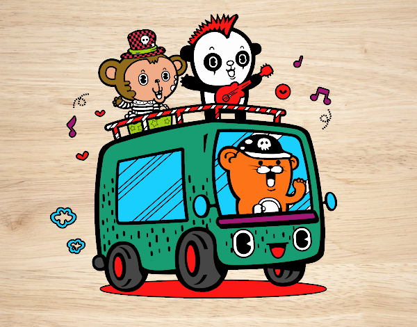 el autobus  con   panda  mono  y  oso