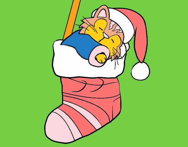 Gatito durmiendo en un calcetín de Navidad