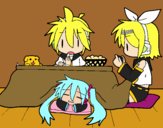 Miku, Rin y Len desayunando