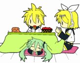 Miku, Rin y Len desayunando