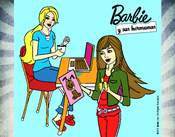 Dibujo de Barbie y su hermana merendando pintado por en Dibujos net el día a las