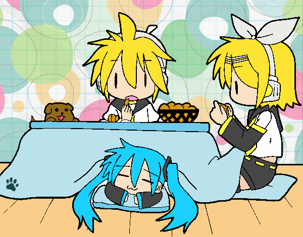 Miku, Rin y Len desayunando