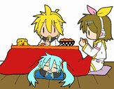 Miku, Rin y Len desayunando