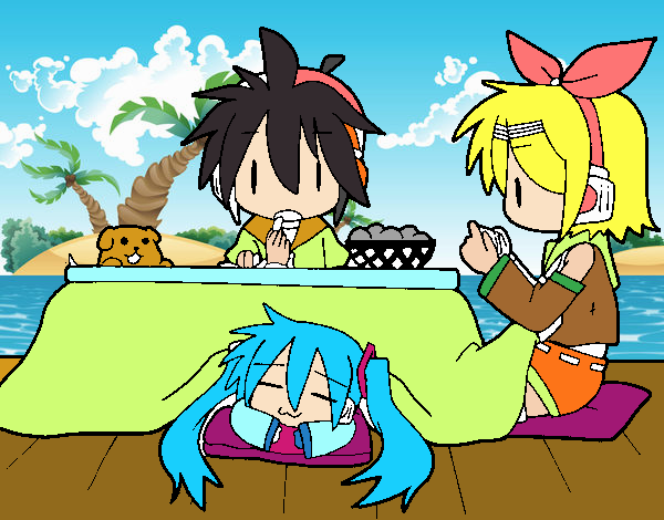 Miku, Rin y Len desayunando