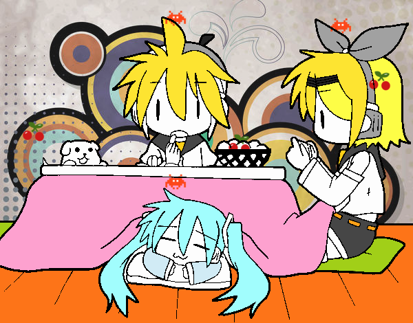 Miku, Rin y Len desayunando