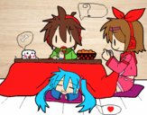 Miku, Rin y Len desayunando