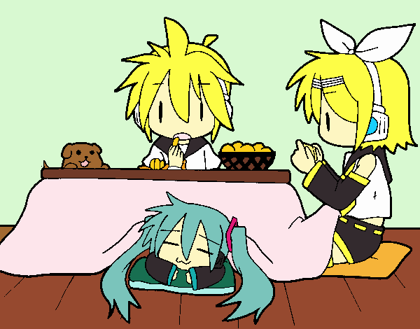 Miku, Rin y Len desayunando