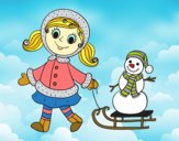 Niña con trineo y muñeco de nieve