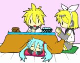 Miku, Rin y Len desayunando