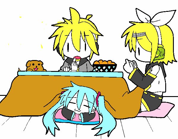 Miku, Rin y Len desayunando