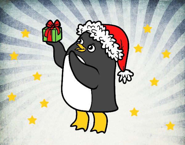 Pingüino con gorro y regalo de Navidad