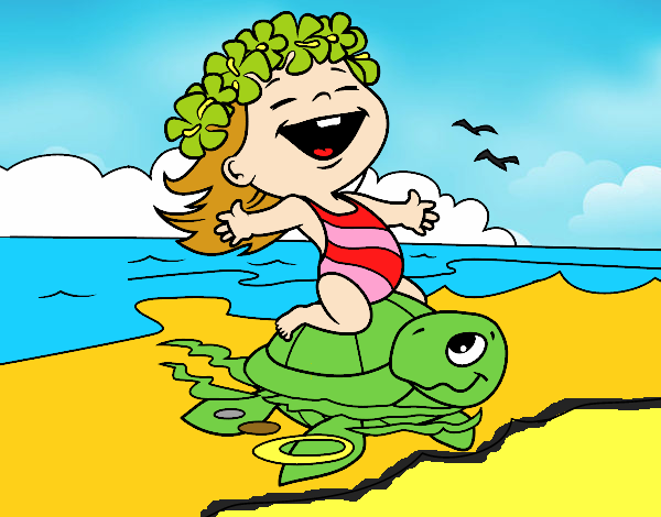 Niña y la tortuga de mar.