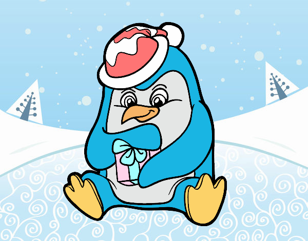 Un pingüino con regalo de Navidad