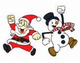 Santa Claus y muñeco de nieve saltando
