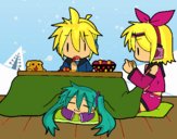 Miku, Rin y Len desayunando