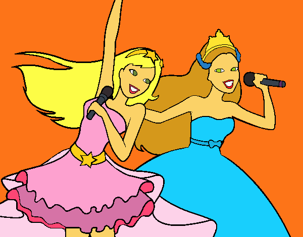 Barbie y la princesa cantando pintado por