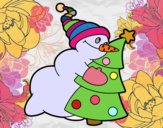 Muñeco de nieve abrazando árbol
