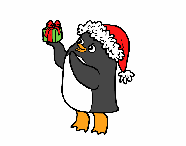 Pingüino con gorro y regalo de Navidad