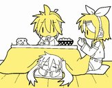 Miku, Rin y Len desayunando