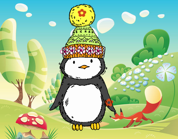 Pingüino con gorro de invierno