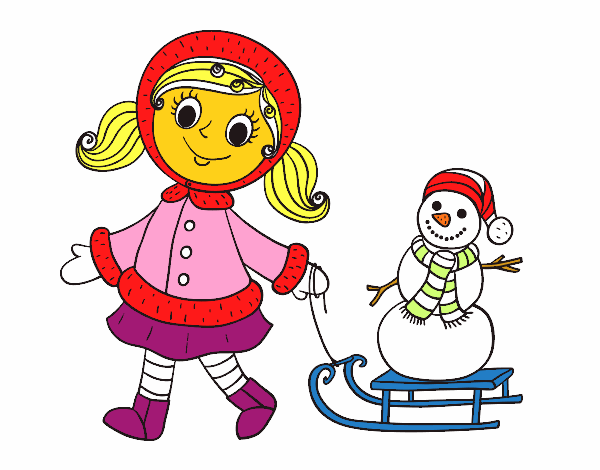 Niña con trineo y muñeco de nieve