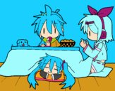 Miku, Rin y Len desayunando