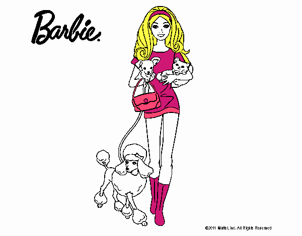 dibujo de barbie y sus mascotas