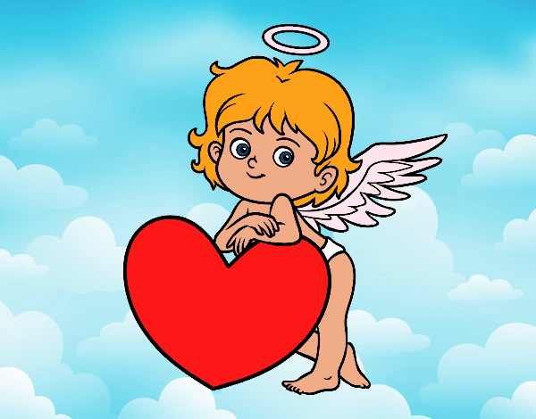 Cupido y un corazon en el cielo