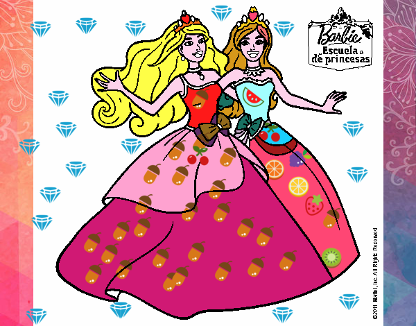 barbie con vestido de bellotas y su AMIGA CON VESTIDOS DE FRUTAS