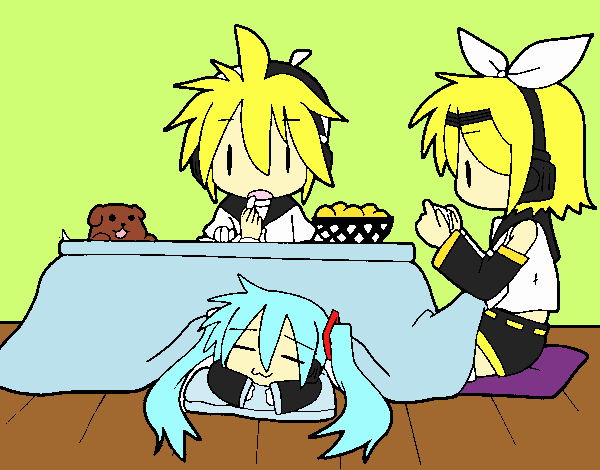 Miku, Rin y Len desayunando