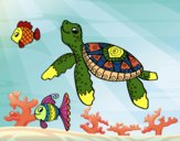 Tortuga de mar con peces