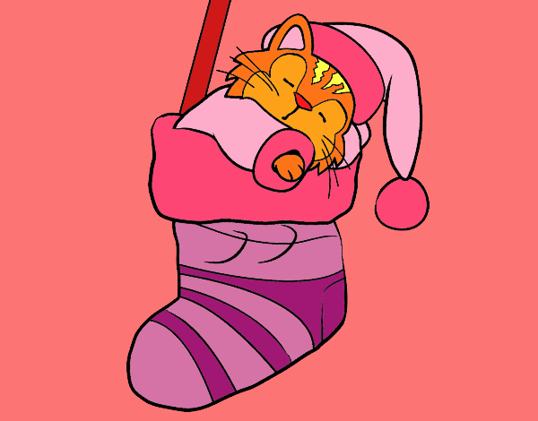 Gatito durmiendo en un calcetín de Navidad