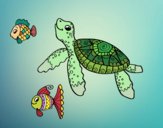 Tortuga de mar con peces