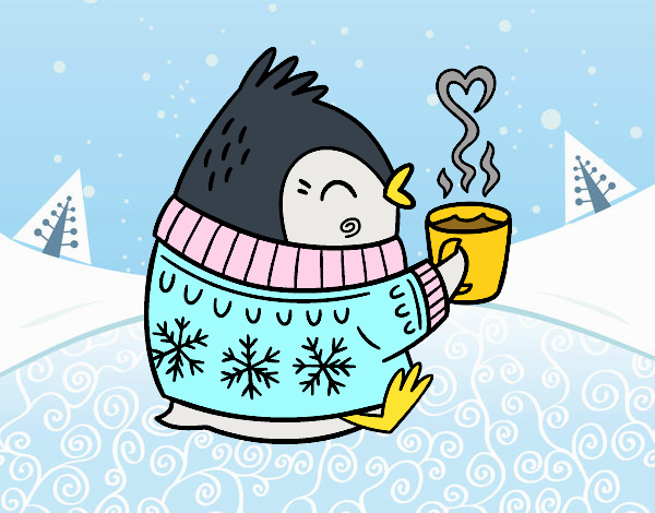 pingüino tomando café