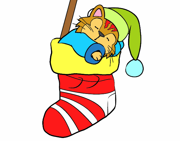 Gatito durmiendo en un calcetín de Navidad