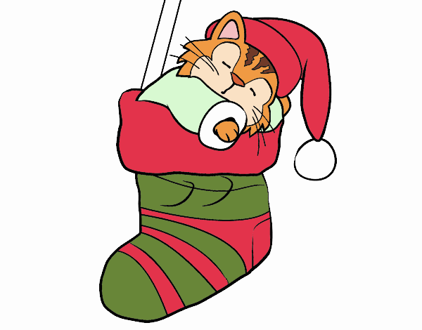 Gatito durmiendo en un calcetín de Navidad