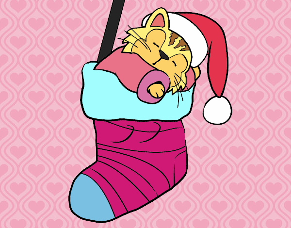 Gatito durmiendo en un calcetín de Navidad