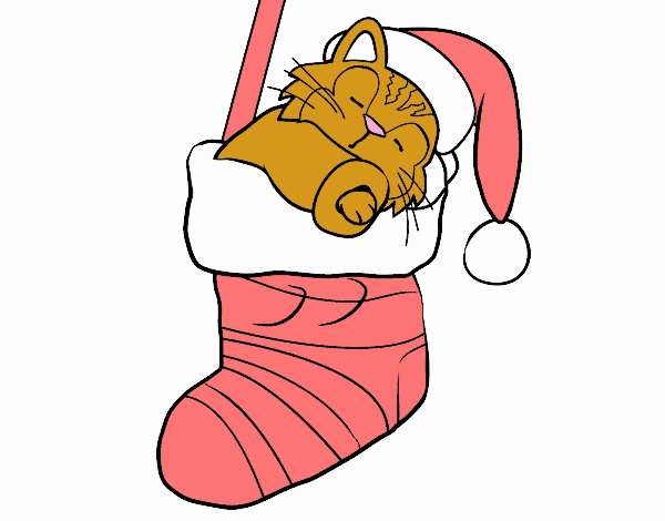 Gatito durmiendo en un calcetín de Navidad