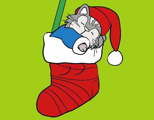 Gatito durmiendo en un calcetín de Navidad