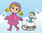 Niña con trineo y muñeco de nieve