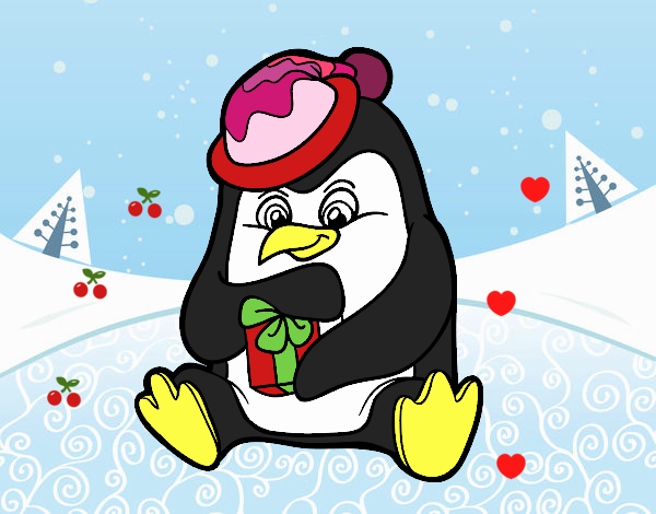 Un pingüino con regalo de Navidad