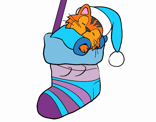 Gatito durmiendo en un calcetín de Navidad