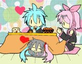 Miku, Rin y Len desayunando