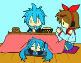 Miku, Rin y Len desayunando