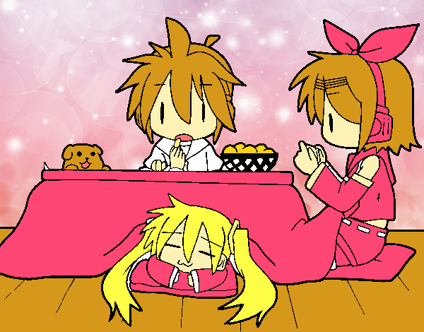 Miku, Rin y Len desayunando