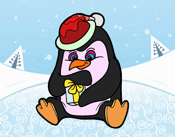 Un pingüino con regalo de Navidad