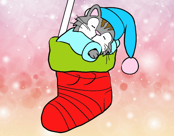 Gatito durmiendo en un calcetín de Navidad