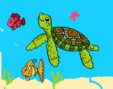 Tortuga de mar con peces